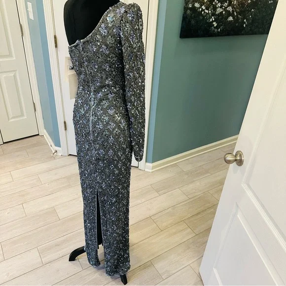 NWT Mac Duggal Sz 6 5479 Embellished One Shoulder Asymmetrical Gown Slate $798 - Picture 14 of 17